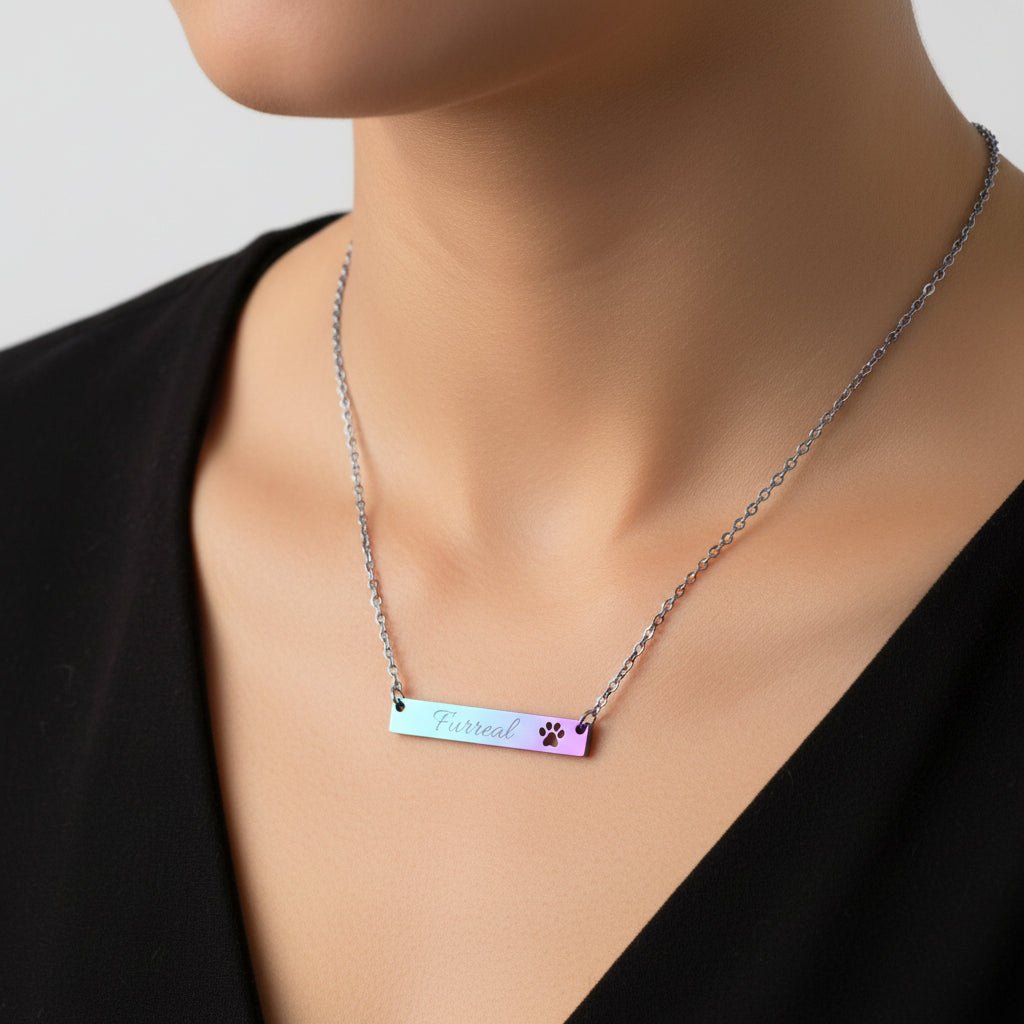 Furreal Engraved Bar Necklace with Paw Detail