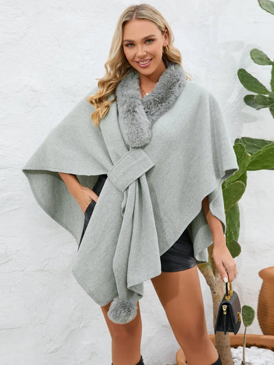 Fuzzy Trim Open Front Poncho - Korvel