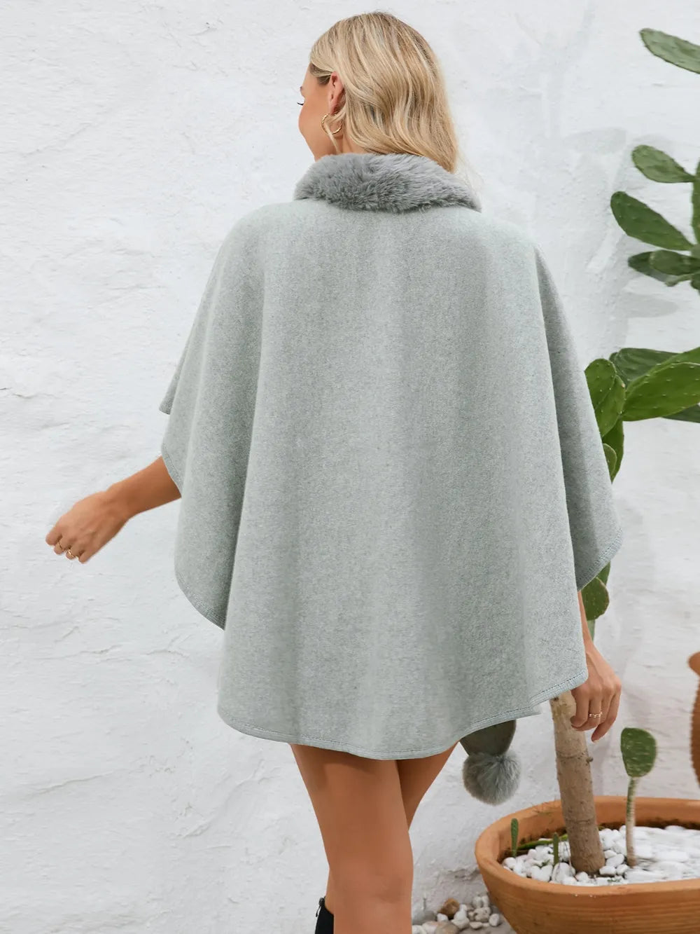 Fuzzy Trim Open Front Poncho - Korvel