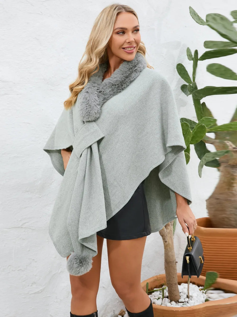 Fuzzy Trim Open Front Poncho - Korvel