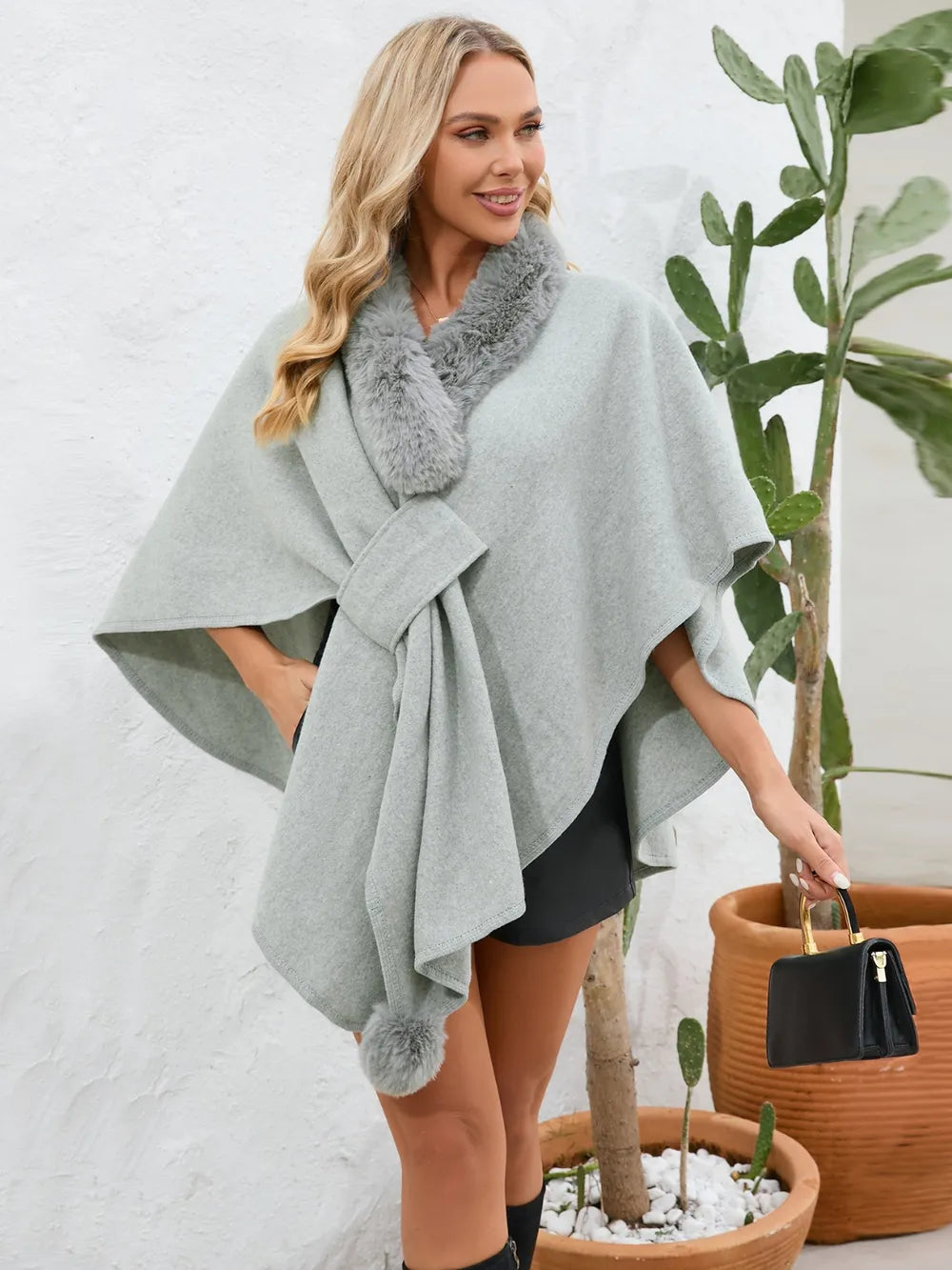 Fuzzy Trim Open Front Poncho - Korvel