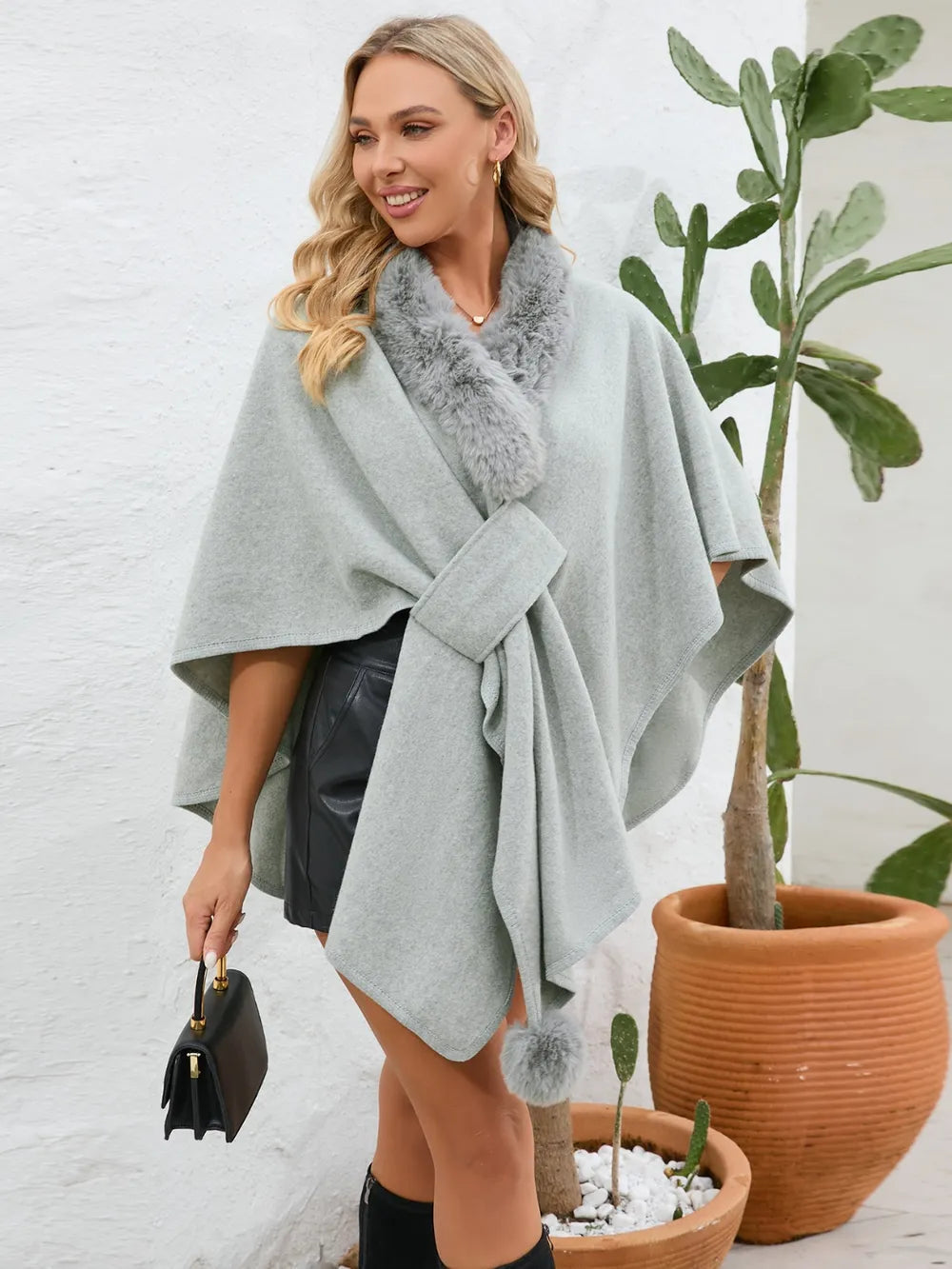 Fuzzy Trim Open Front Poncho - Korvel