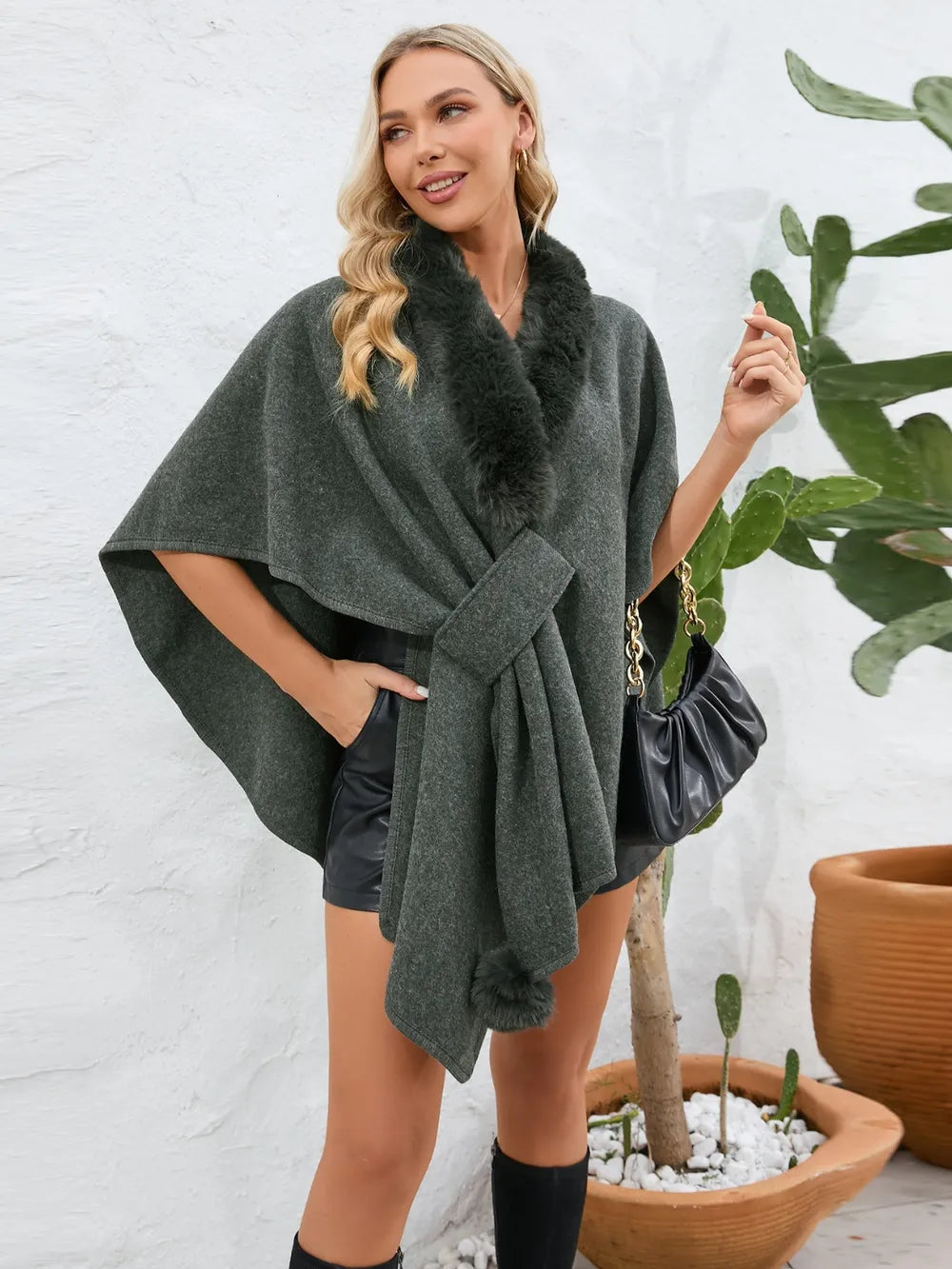 Fuzzy Trim Open Front Poncho - Korvel