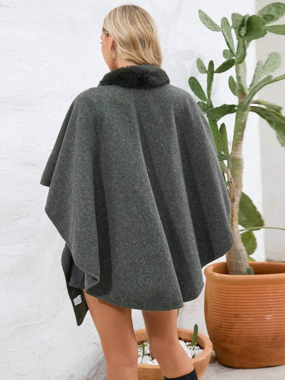 Fuzzy Trim Open Front Poncho - Korvel