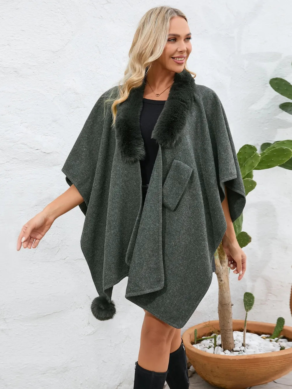 Fuzzy Trim Open Front Poncho - Korvel