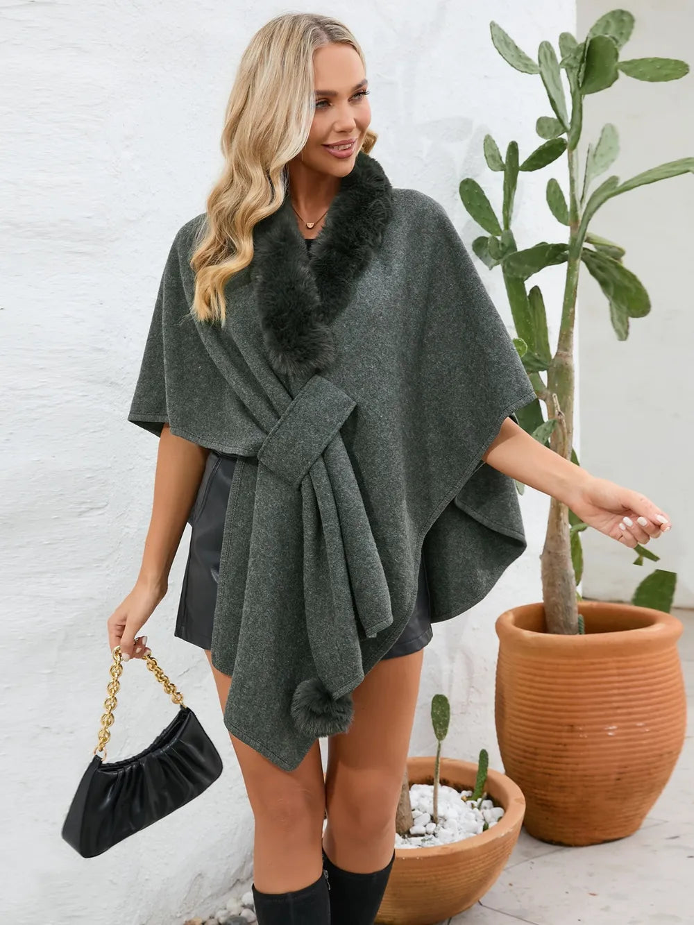 Fuzzy Trim Open Front Poncho - Korvel