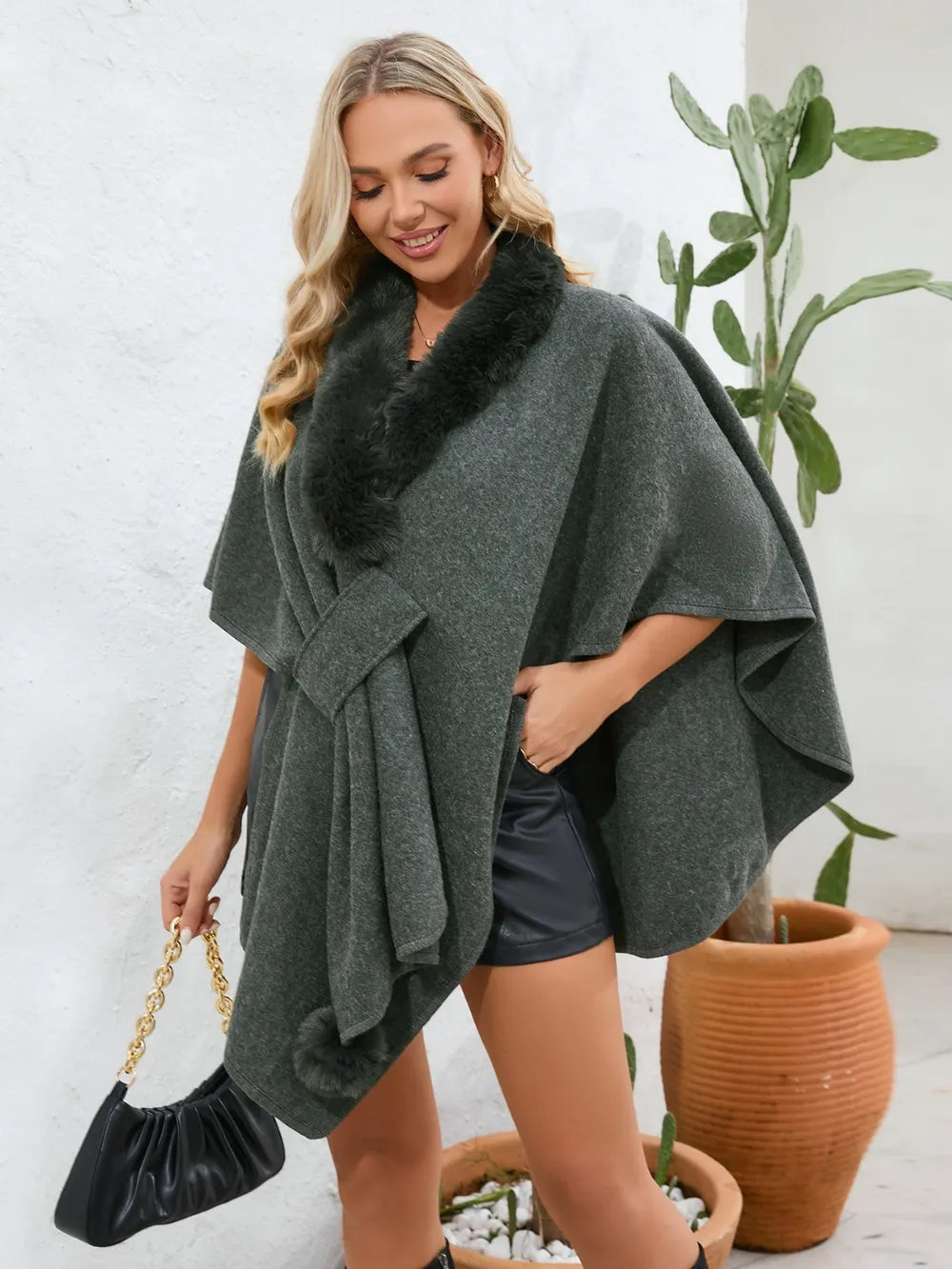 Fuzzy Trim Open Front Poncho - Korvel