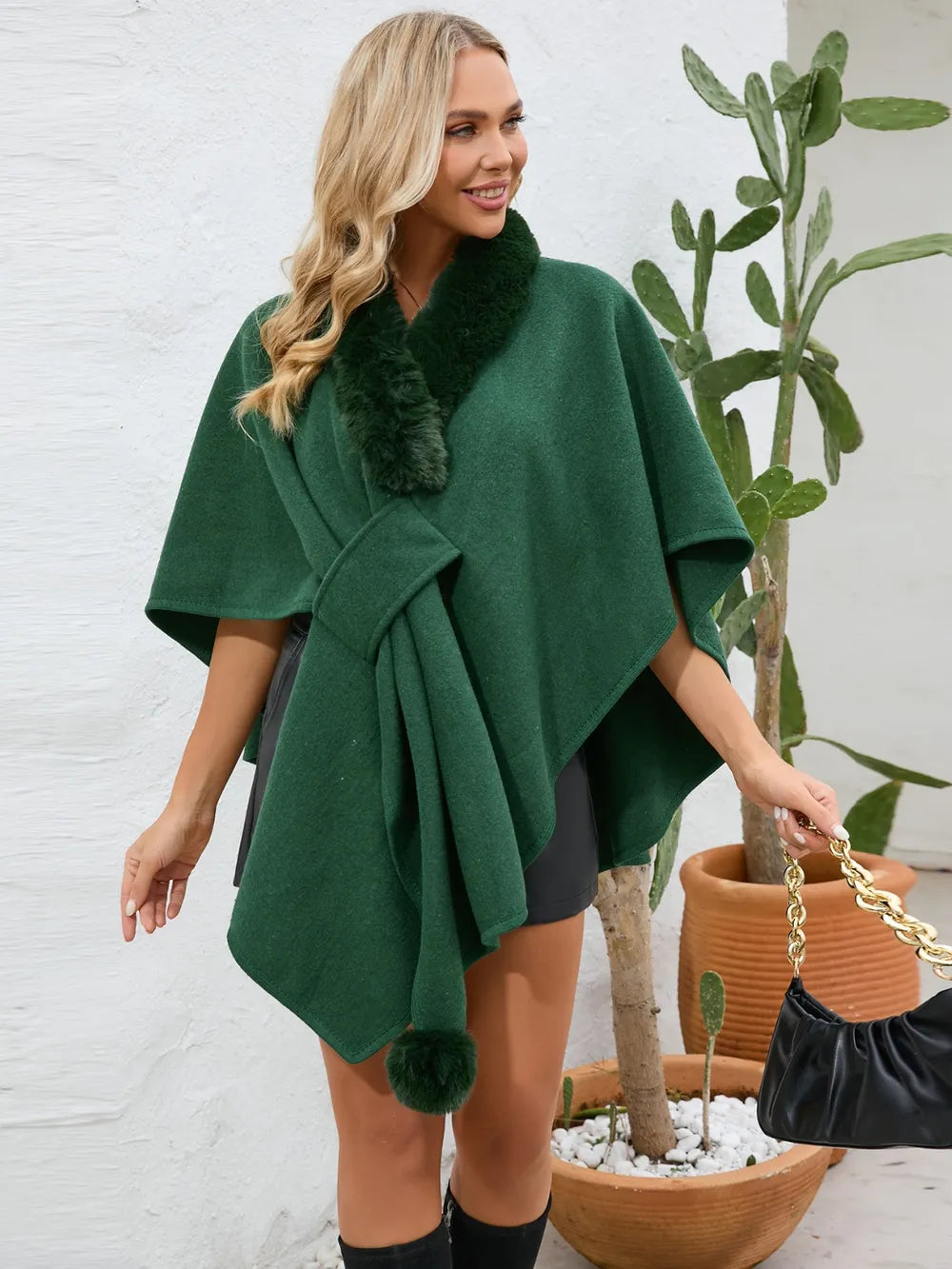 Fuzzy Trim Open Front Poncho - Korvel