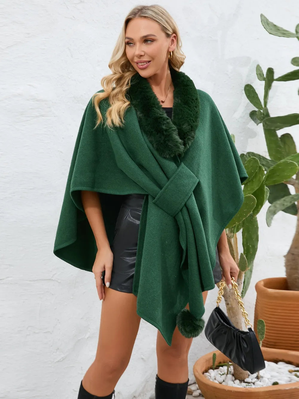 Fuzzy Trim Open Front Poncho - Korvel
