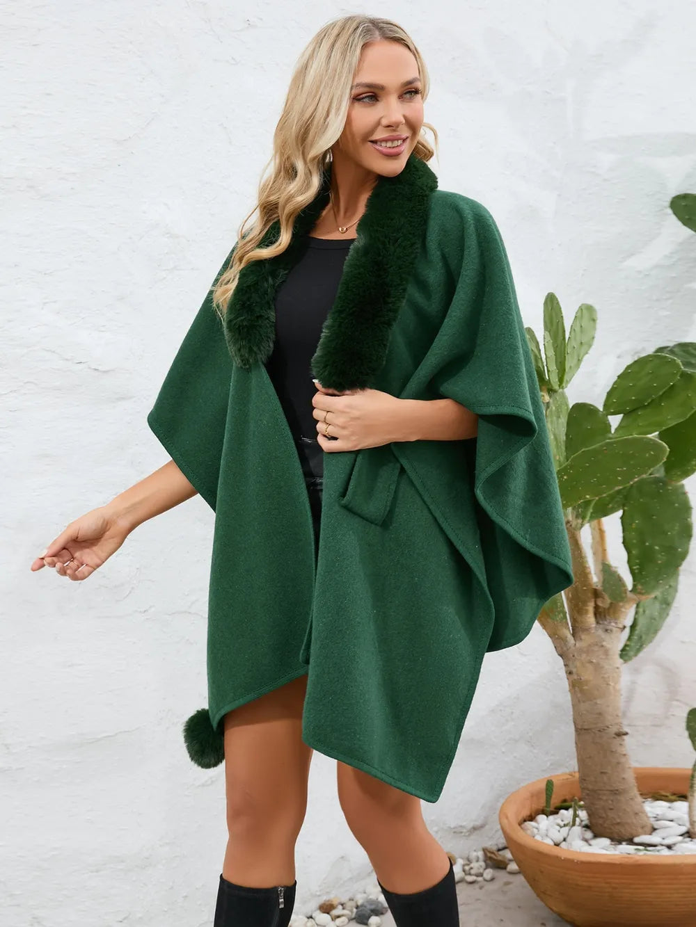 Fuzzy Trim Open Front Poncho - Korvel