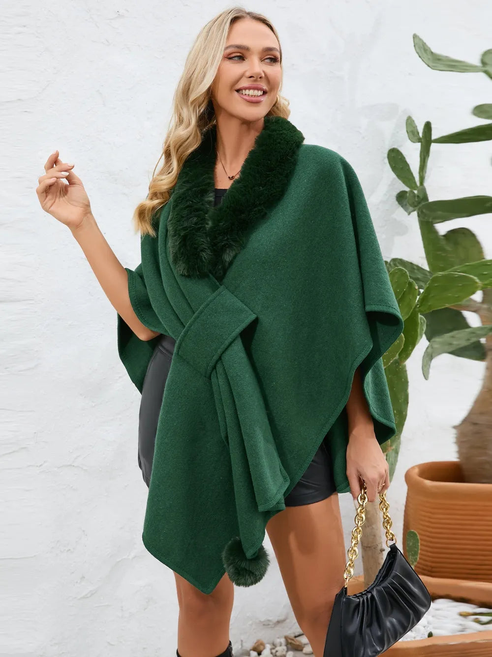 Fuzzy Trim Open Front Poncho - Korvel