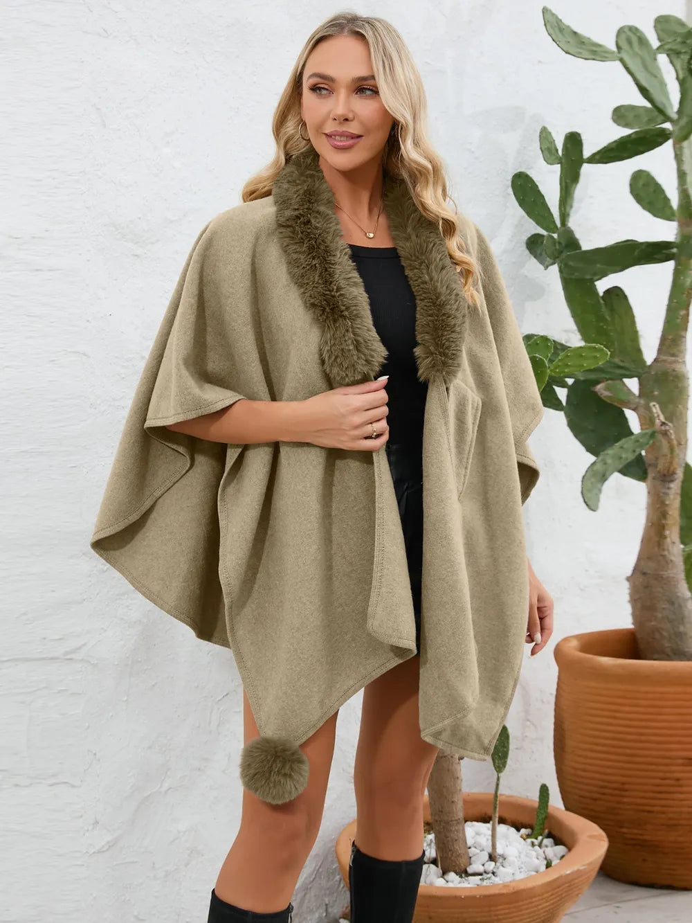 Fuzzy Trim Open Front Poncho - Korvel