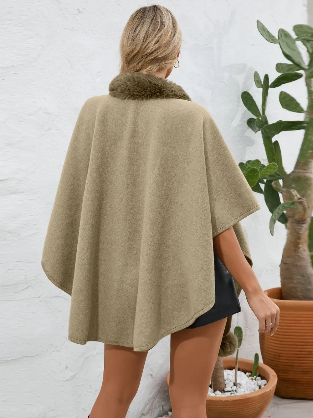 Fuzzy Trim Open Front Poncho - Korvel