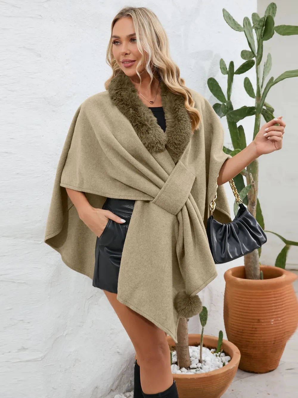 Fuzzy Trim Open Front Poncho - Korvel