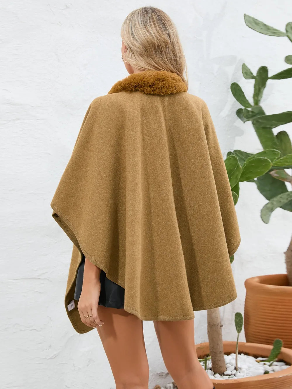 Fuzzy Trim Open Front Poncho - Korvel