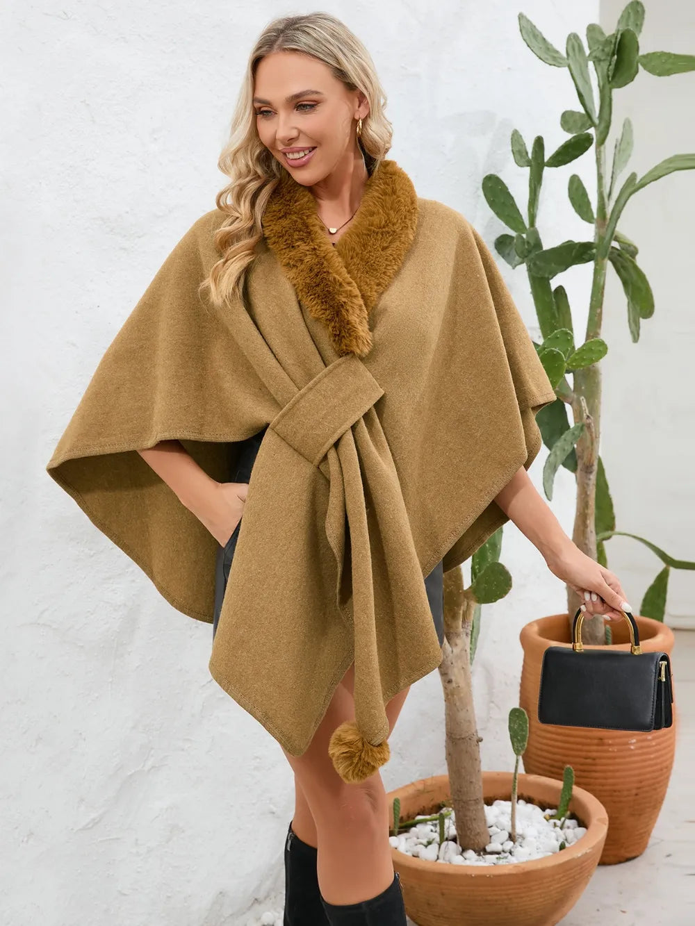 Fuzzy Trim Open Front Poncho - Korvel