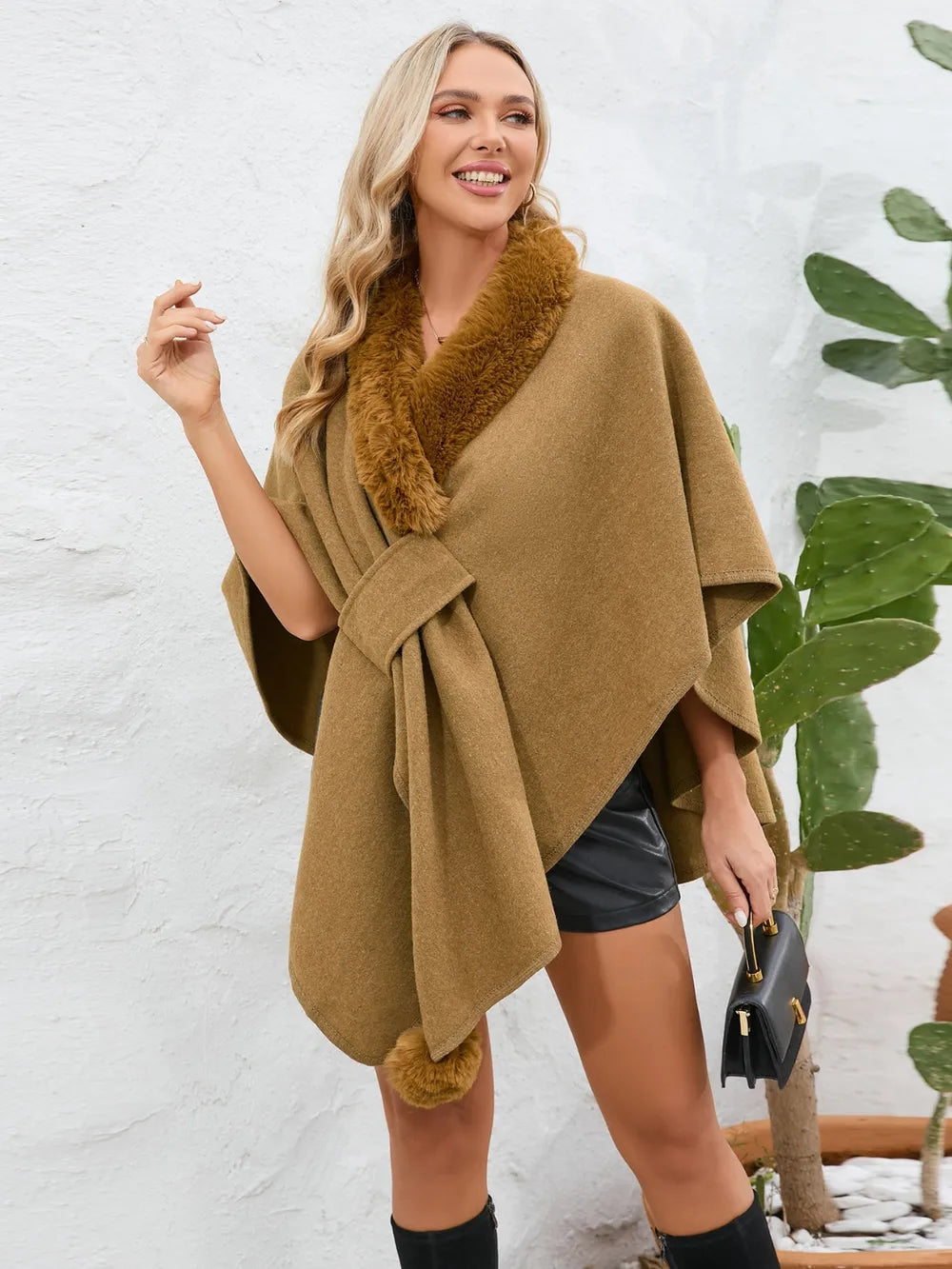 Fuzzy Trim Open Front Poncho - Korvel