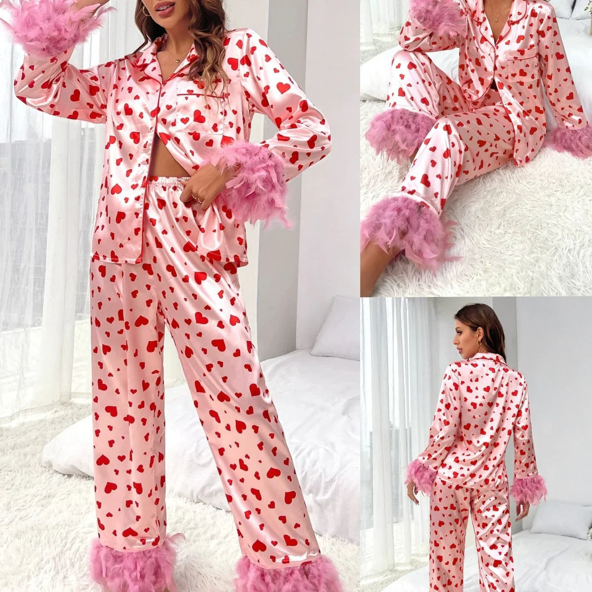 Pijamas Casuales con Estampado de Corazón para Mujeres