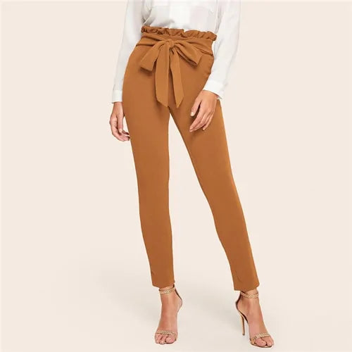 Elegant Frill Trim Bow Belted High Waist Pants