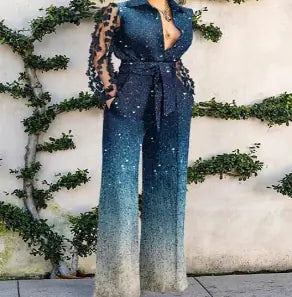 WOLFF Elegant Overalls with Lace Panel Flare Pants