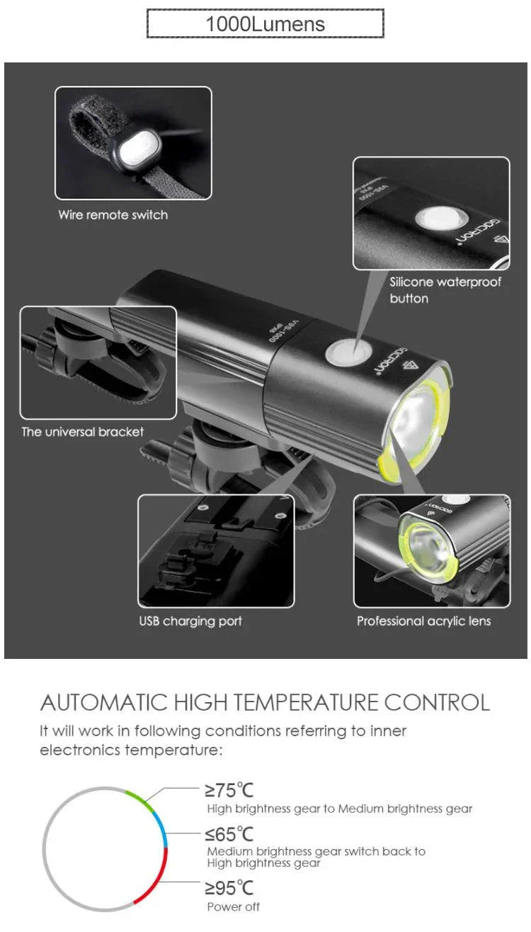 GACIRON 400-1800 Lúmenes Luz Delantera Recargable por USB para Bicicleta