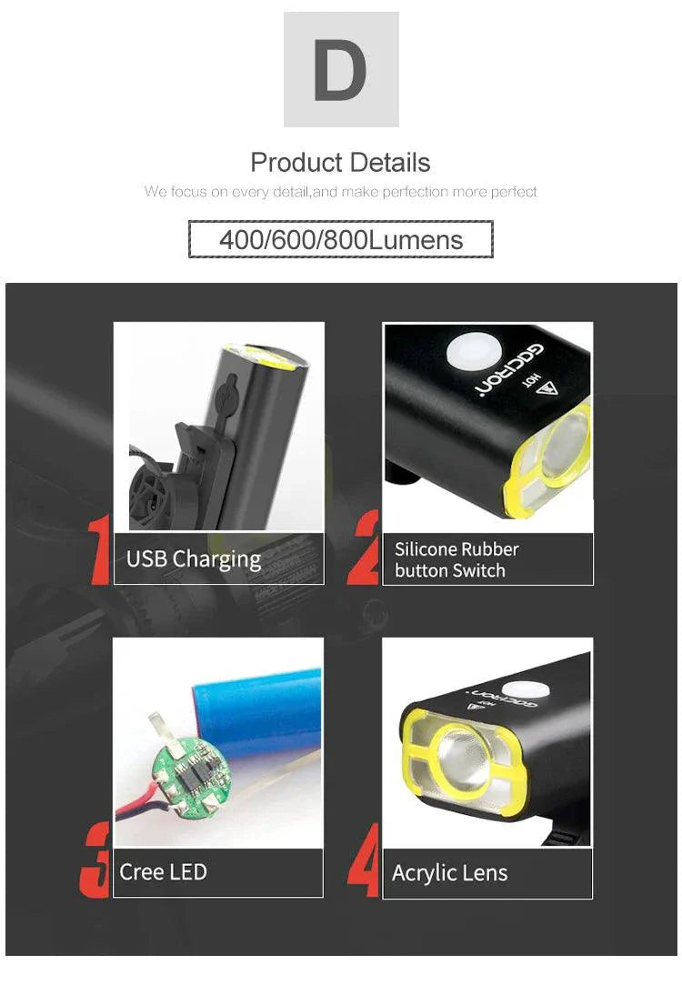 GACIRON 400-1800 Lúmenes Luz Delantera Recargable por USB para Bicicleta