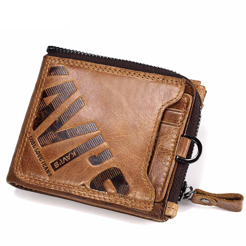 Portefeuille court pour homme en cuir véritable avec fermeture éclair et design multifonctionnel