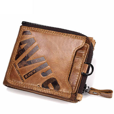 Genuine Cowhide Men's Short Wallet with Zipper and Multifunctional Design
