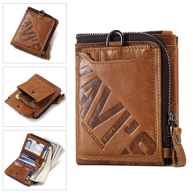 Portefeuille court pour homme en cuir véritable avec fermeture éclair et design multifonctionnel