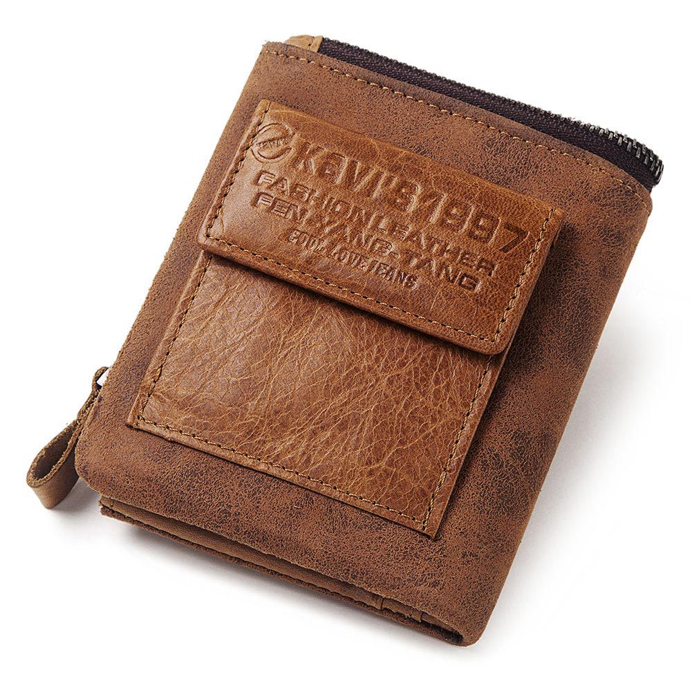 Portefeuille court pour homme en cuir véritable avec fermeture éclair et design multifonctionnel