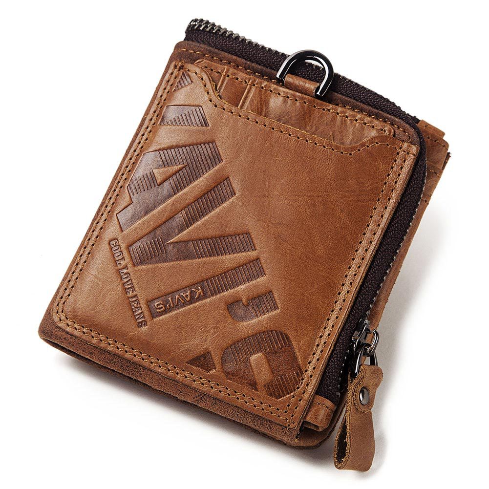 Portefeuille court pour homme en cuir véritable avec fermeture éclair et design multifonctionnel