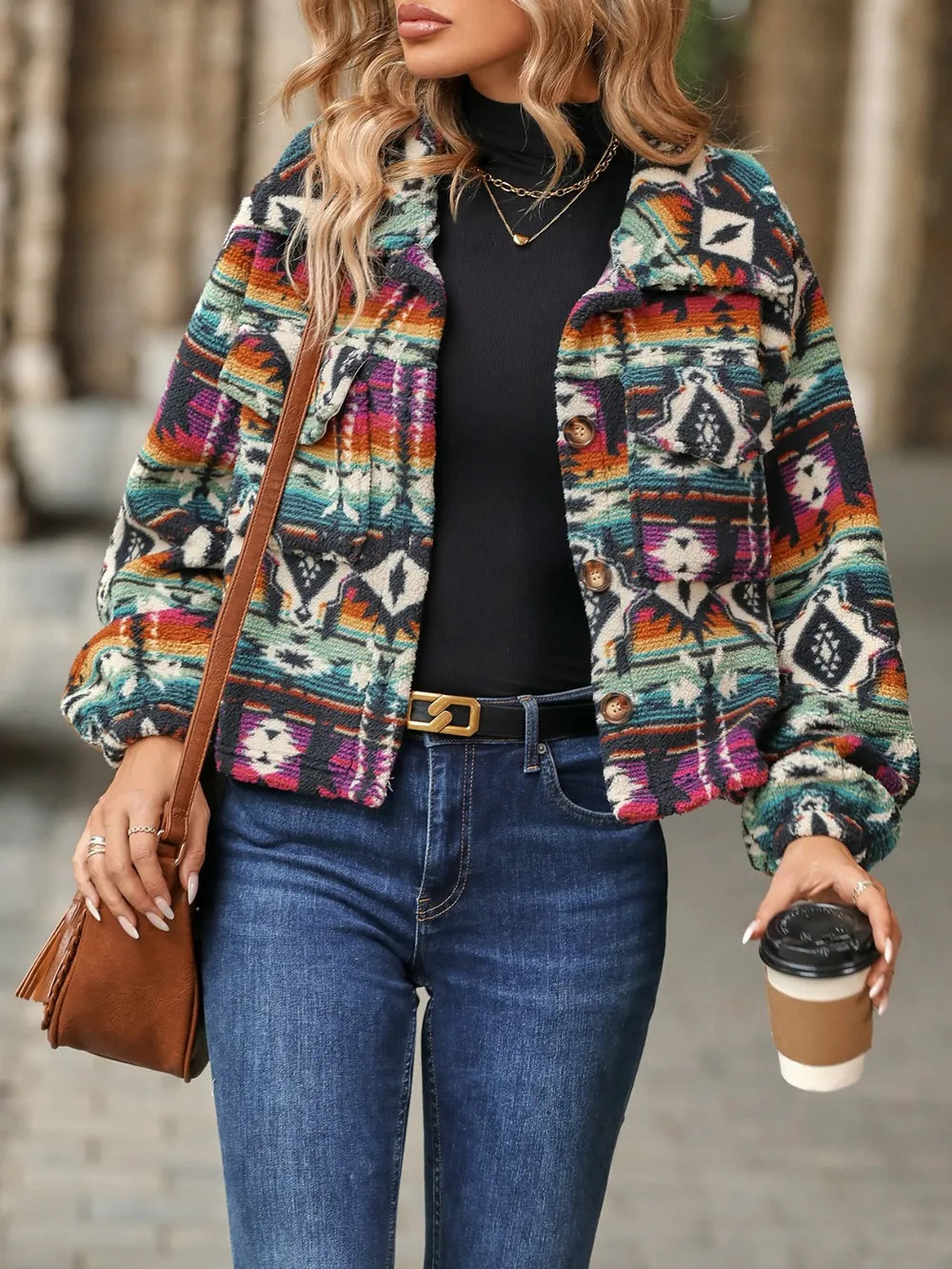 Geometric Dropped Shoulder Balloon Sleeve Jacket