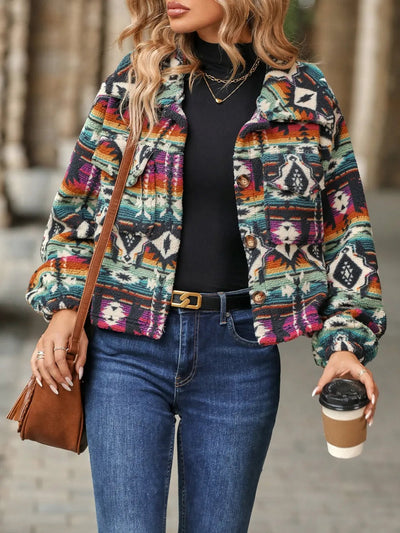 Geometric Dropped Shoulder Balloon Sleeve Jacket