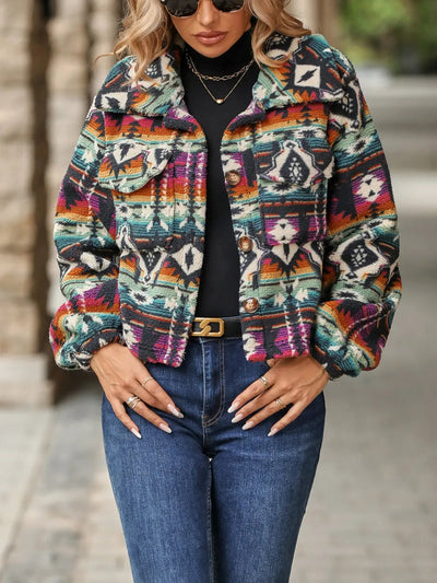 Geometric Dropped Shoulder Balloon Sleeve Jacket