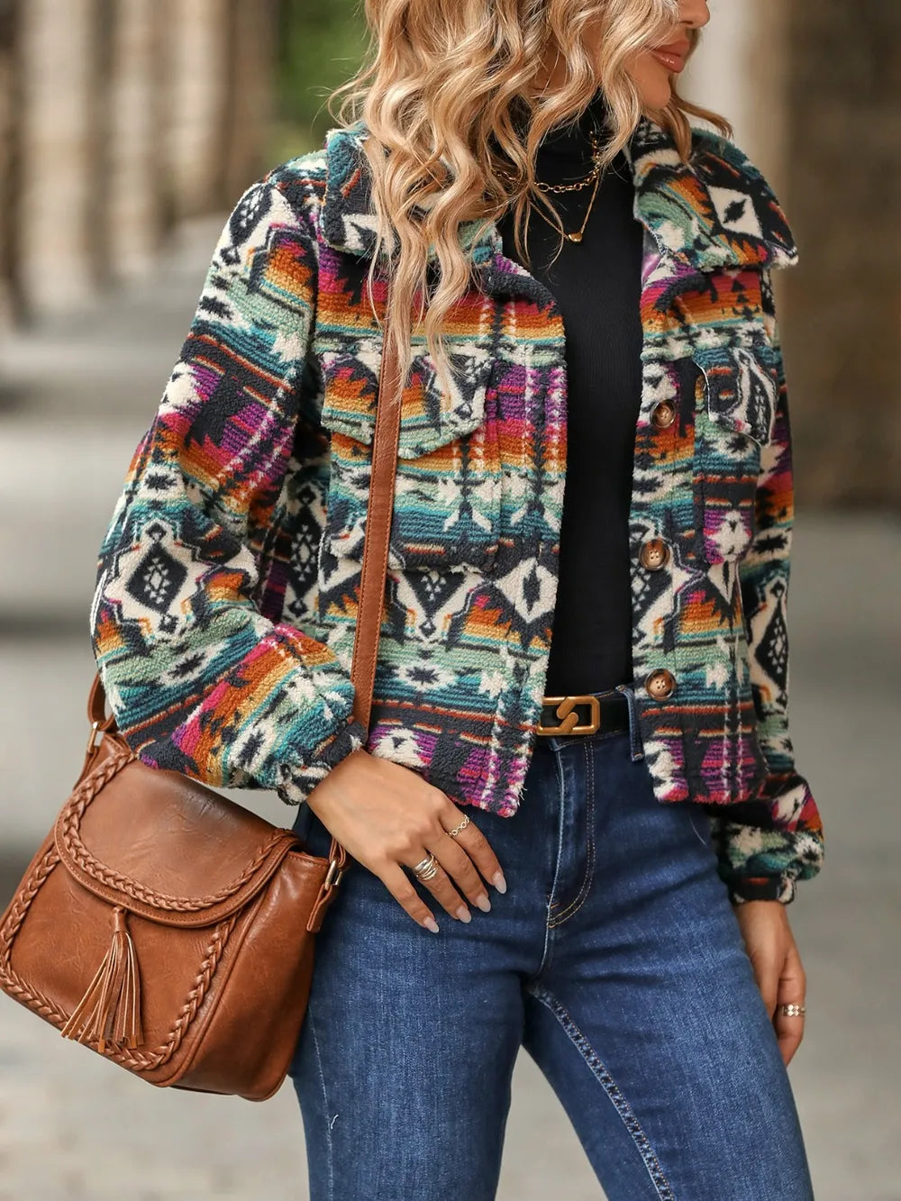 Geometric Dropped Shoulder Balloon Sleeve Jacket