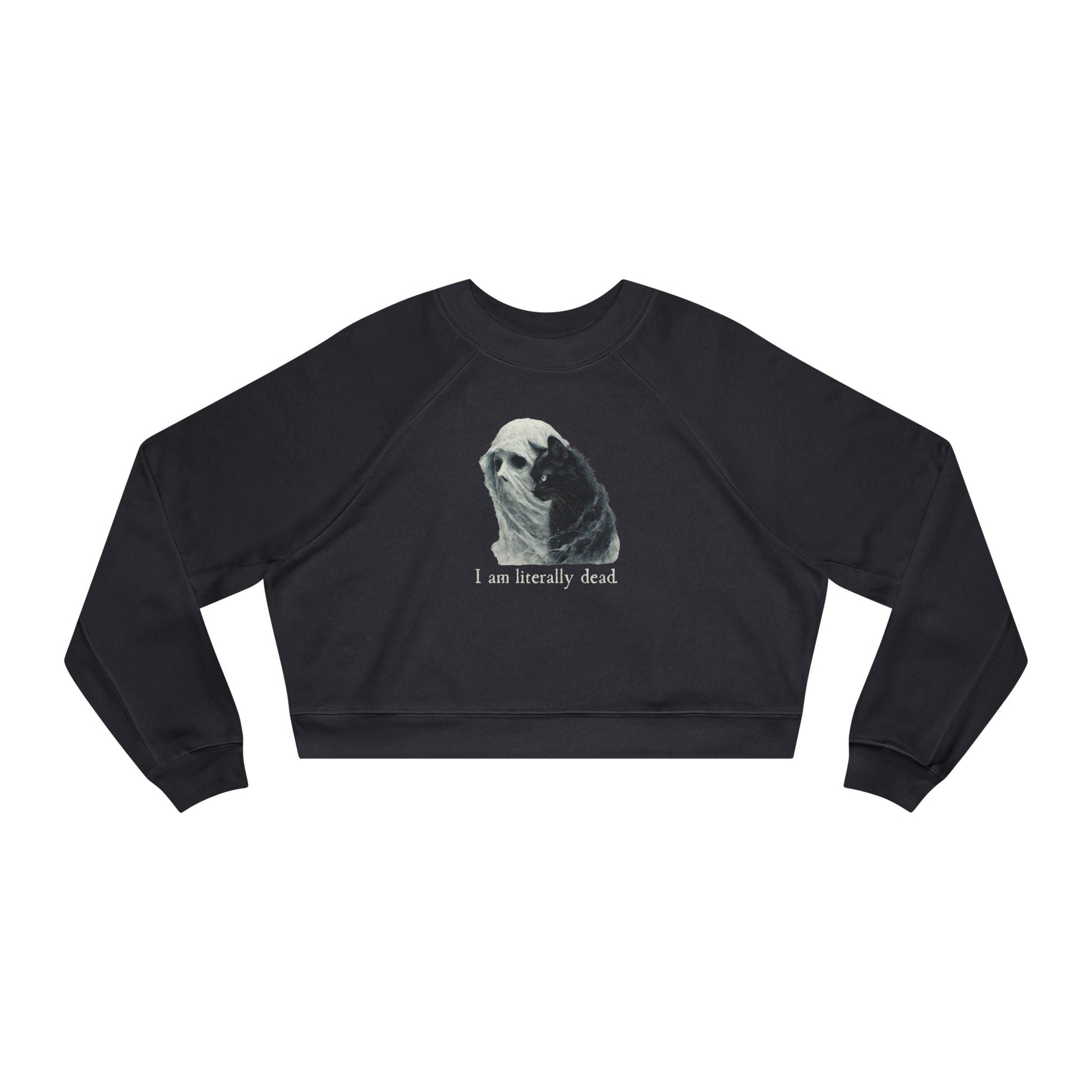 Whimsical Ghost and Cat Cropped Fleece Pullover for Women - Korvel