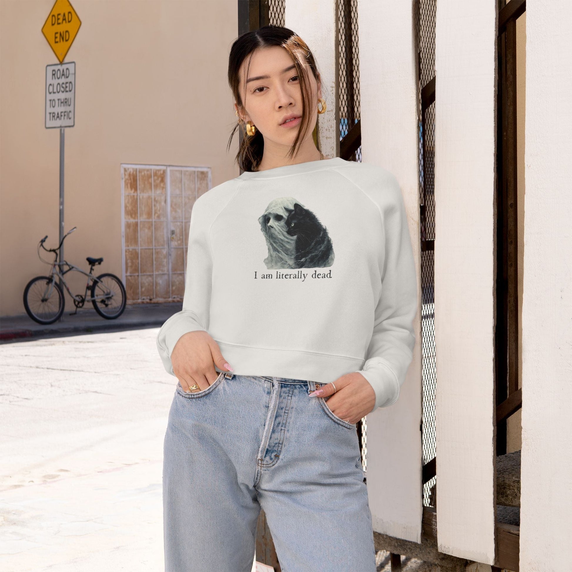Whimsical Ghost and Cat Cropped Fleece Pullover for Women - Korvel