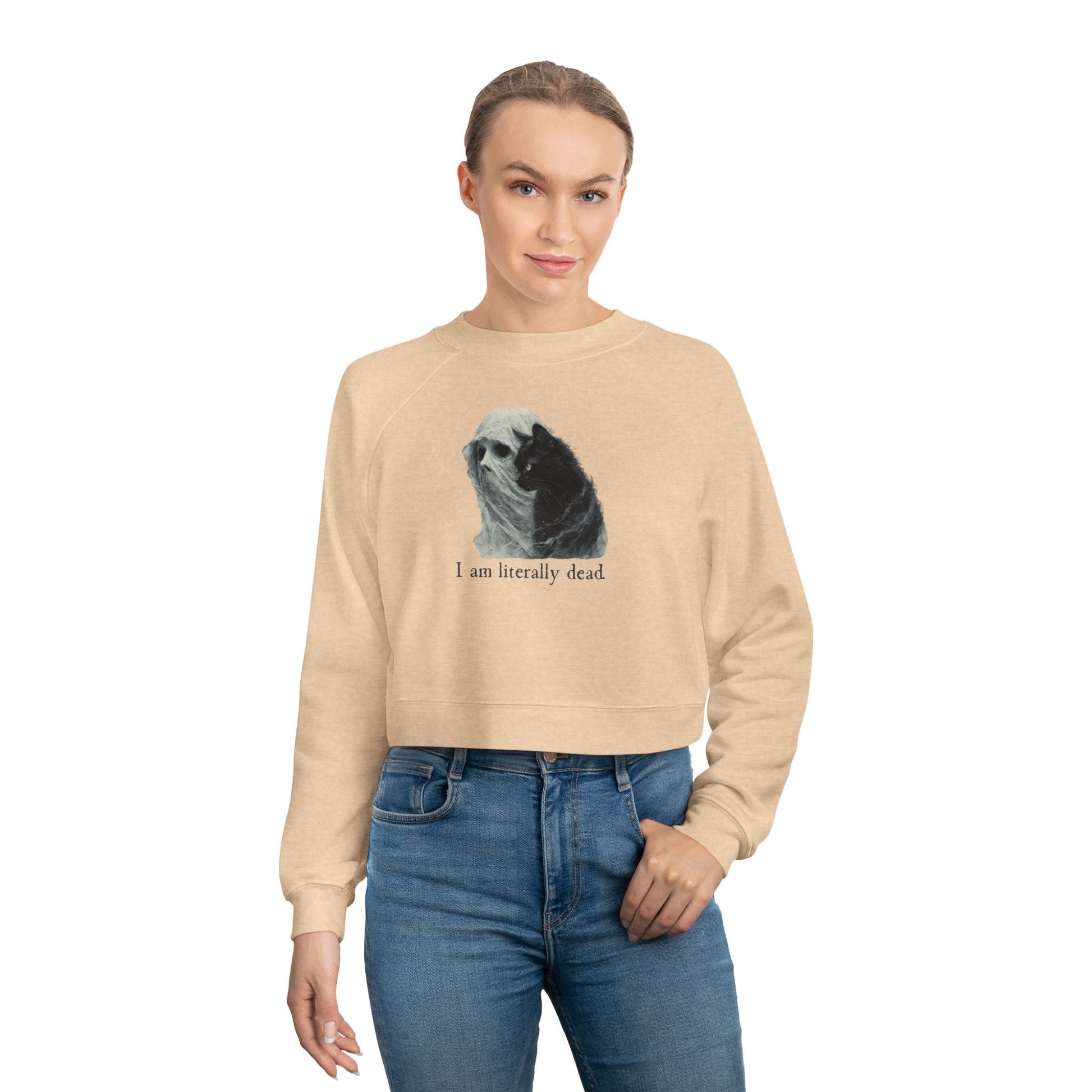Whimsical Ghost and Cat Cropped Fleece Pullover for Women - Korvel