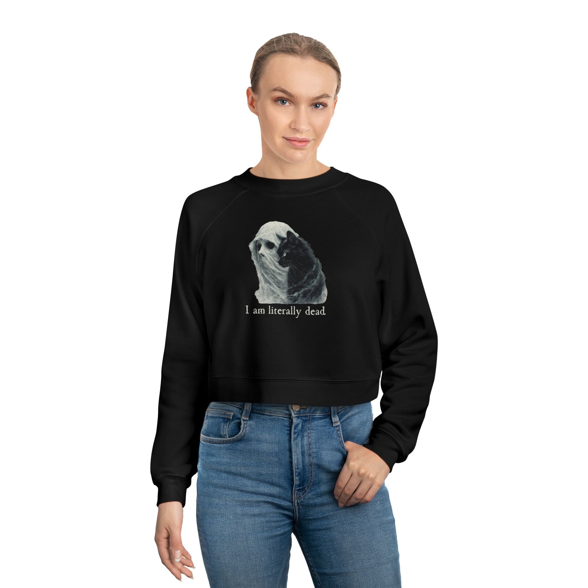 Whimsical Ghost and Cat Cropped Fleece Pullover for Women - Korvel