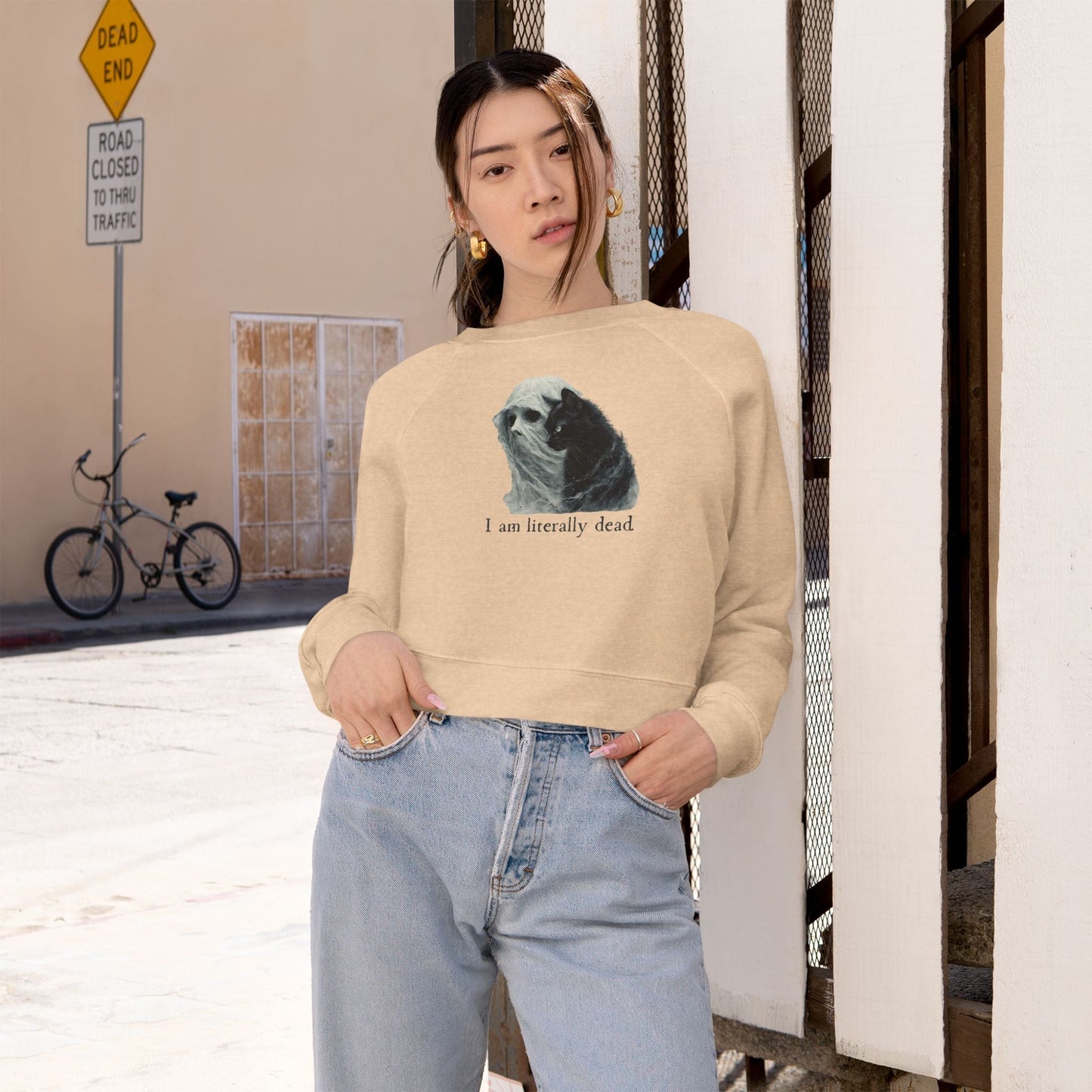 Whimsical Ghost and Cat Cropped Fleece Pullover for Women - Korvel