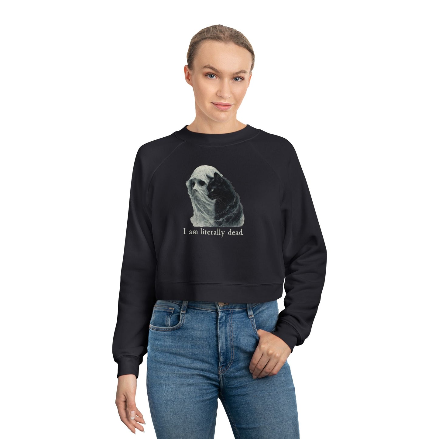 Whimsical Ghost and Cat Cropped Fleece Pullover for Women - Korvel