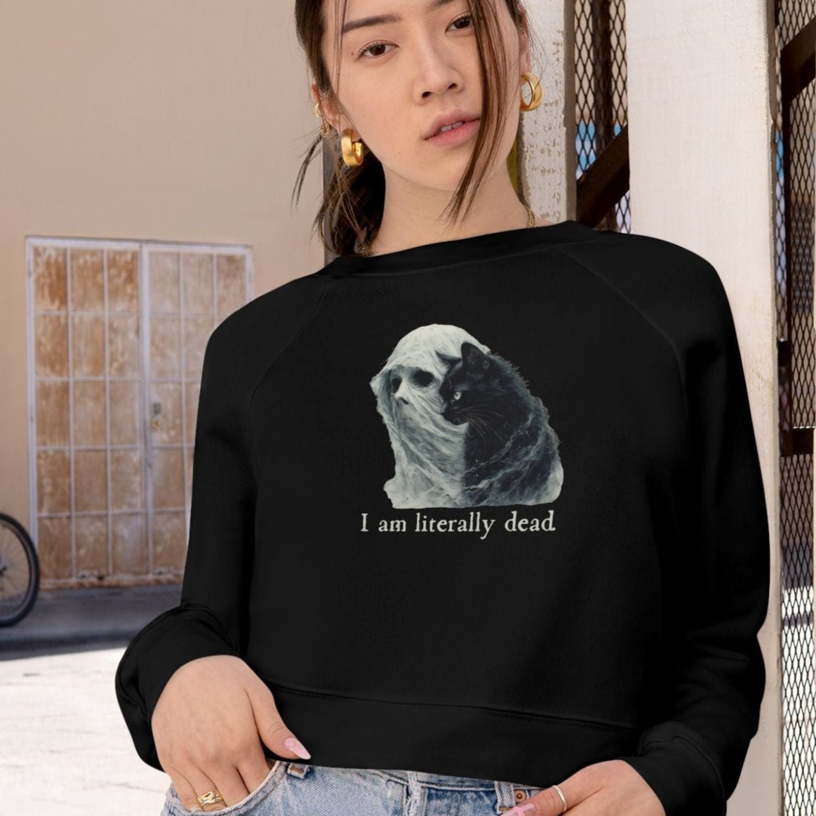 Whimsical Ghost and Cat Cropped Fleece Pullover for Women - Korvel