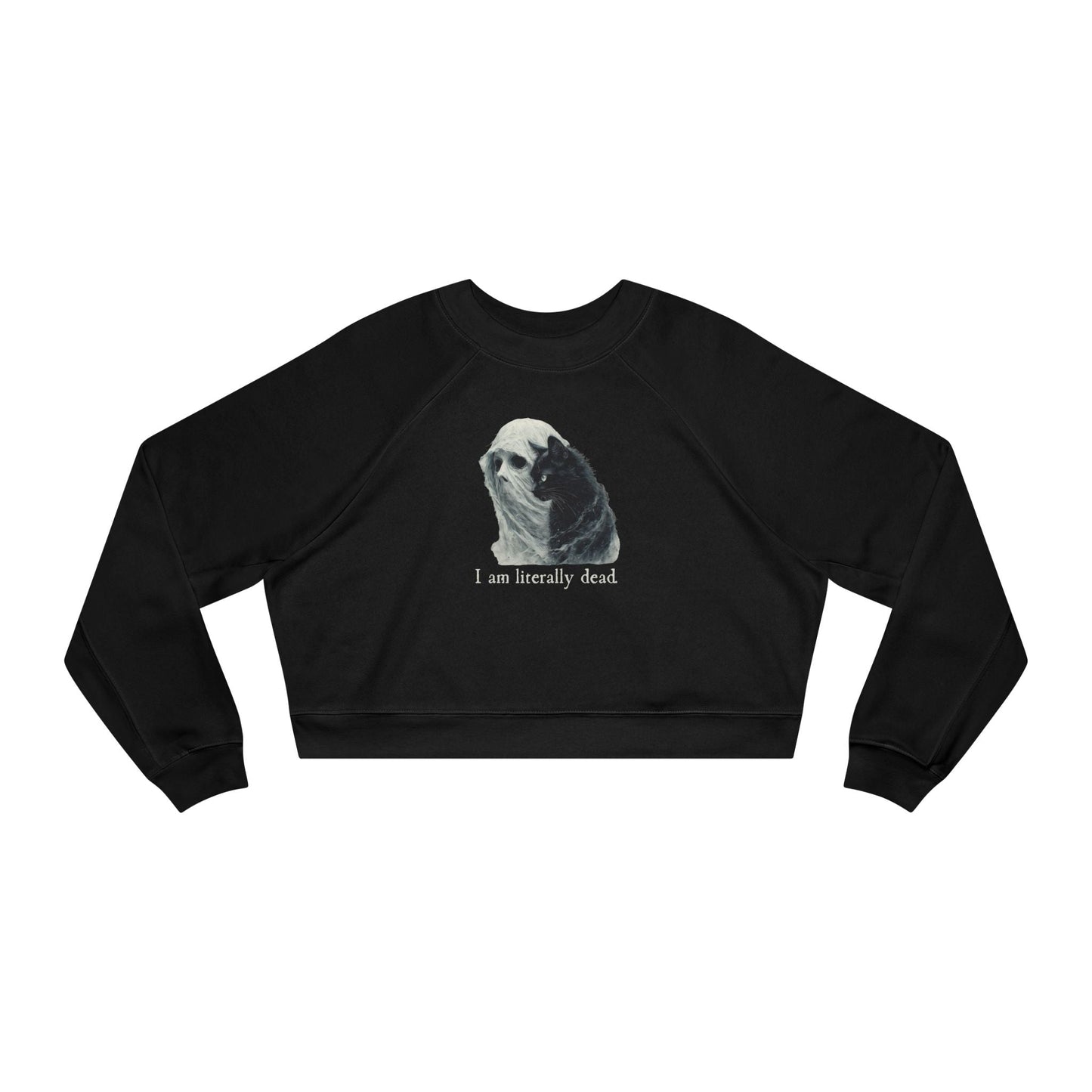 Whimsical Ghost and Cat Cropped Fleece Pullover for Women - Korvel