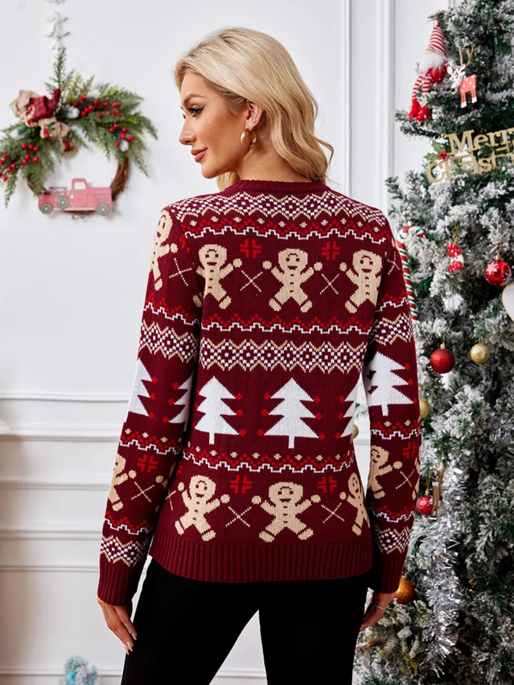 Gingerbread man jacquard long sleeved sweater pullover casual top - Korvel