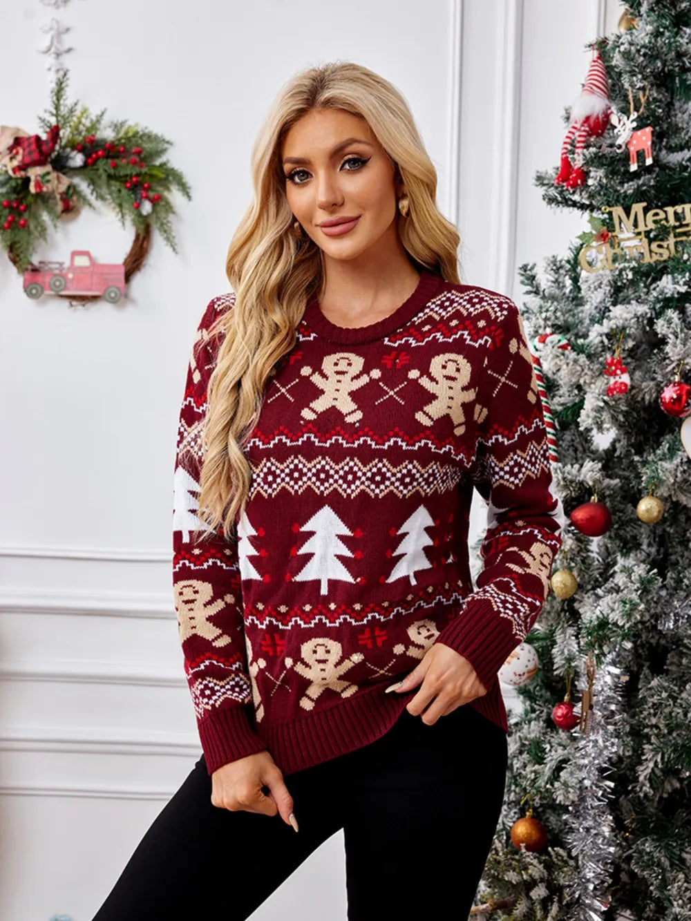 Gingerbread man jacquard long sleeved sweater pullover casual top - Korvel