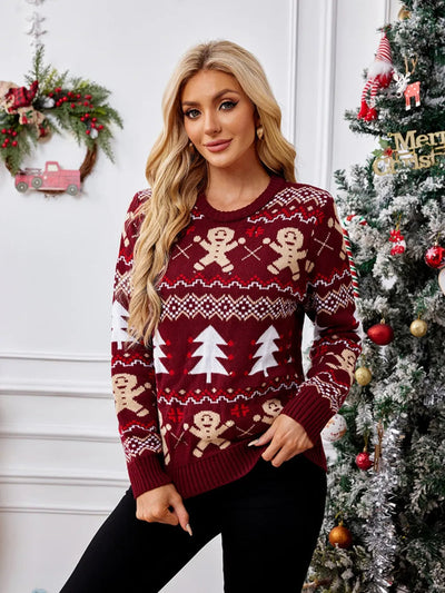 Gingerbread man jacquard long sleeved sweater pullover casual top - Korvel