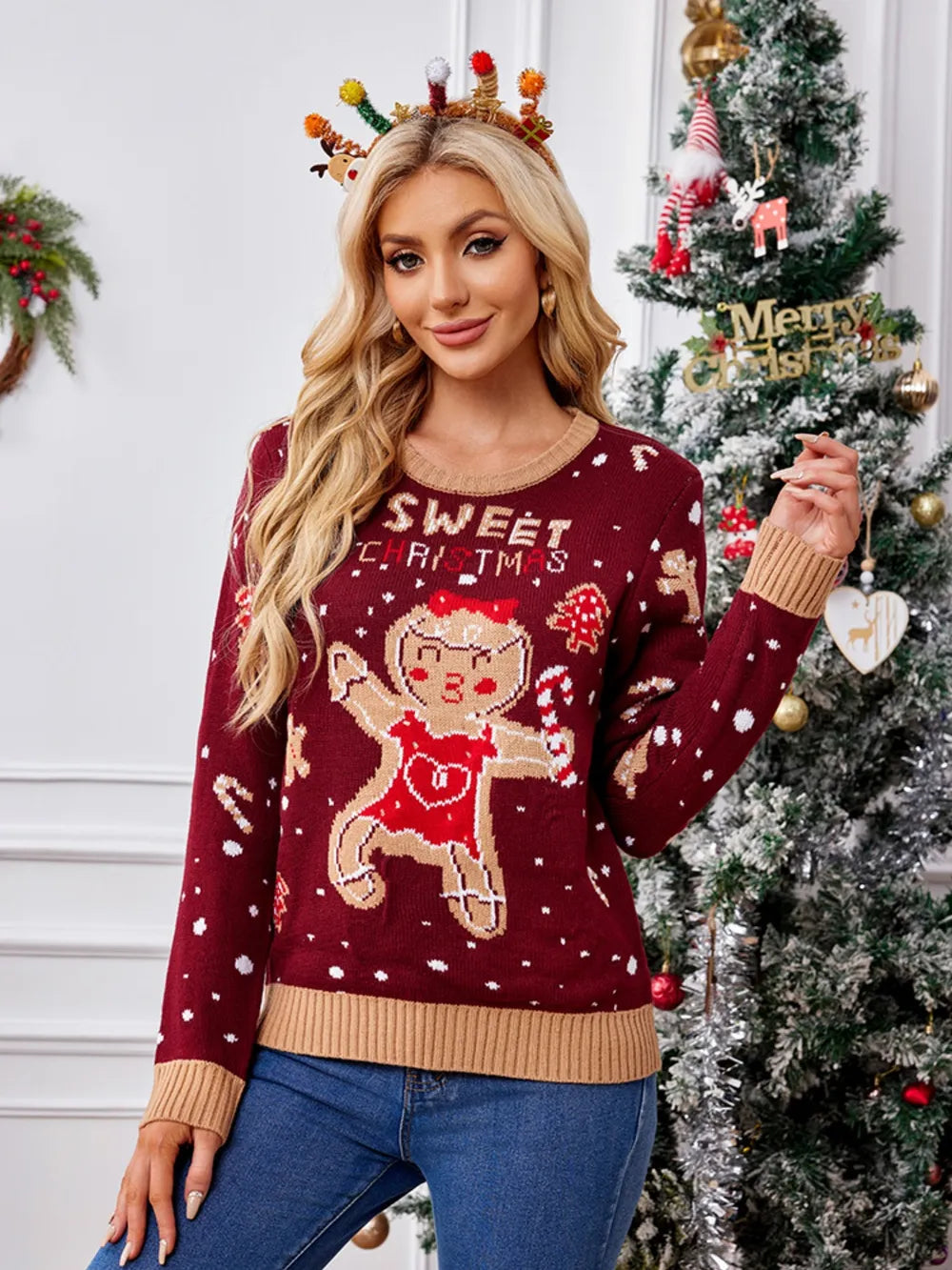 Gingerbread Man Pattern Long Sleeved Pullover Sweater