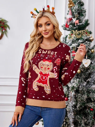 Gingerbread Man Pattern Long Sleeved Pullover Sweater