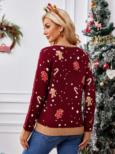 Gingerbread Man Pattern Long Sleeved Pullover Sweater