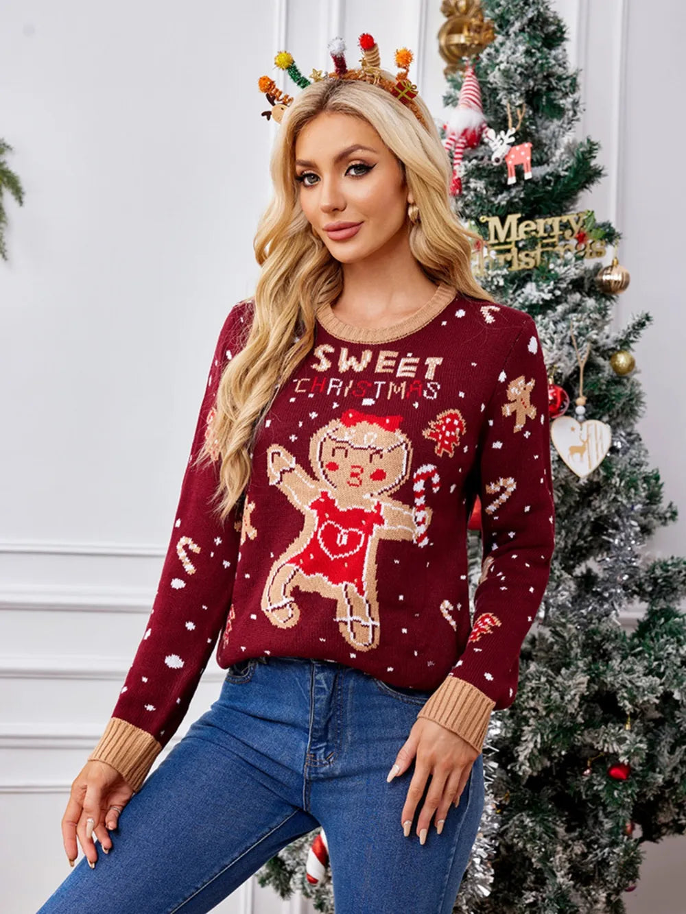 Gingerbread Man Pattern Long Sleeved Pullover Sweater